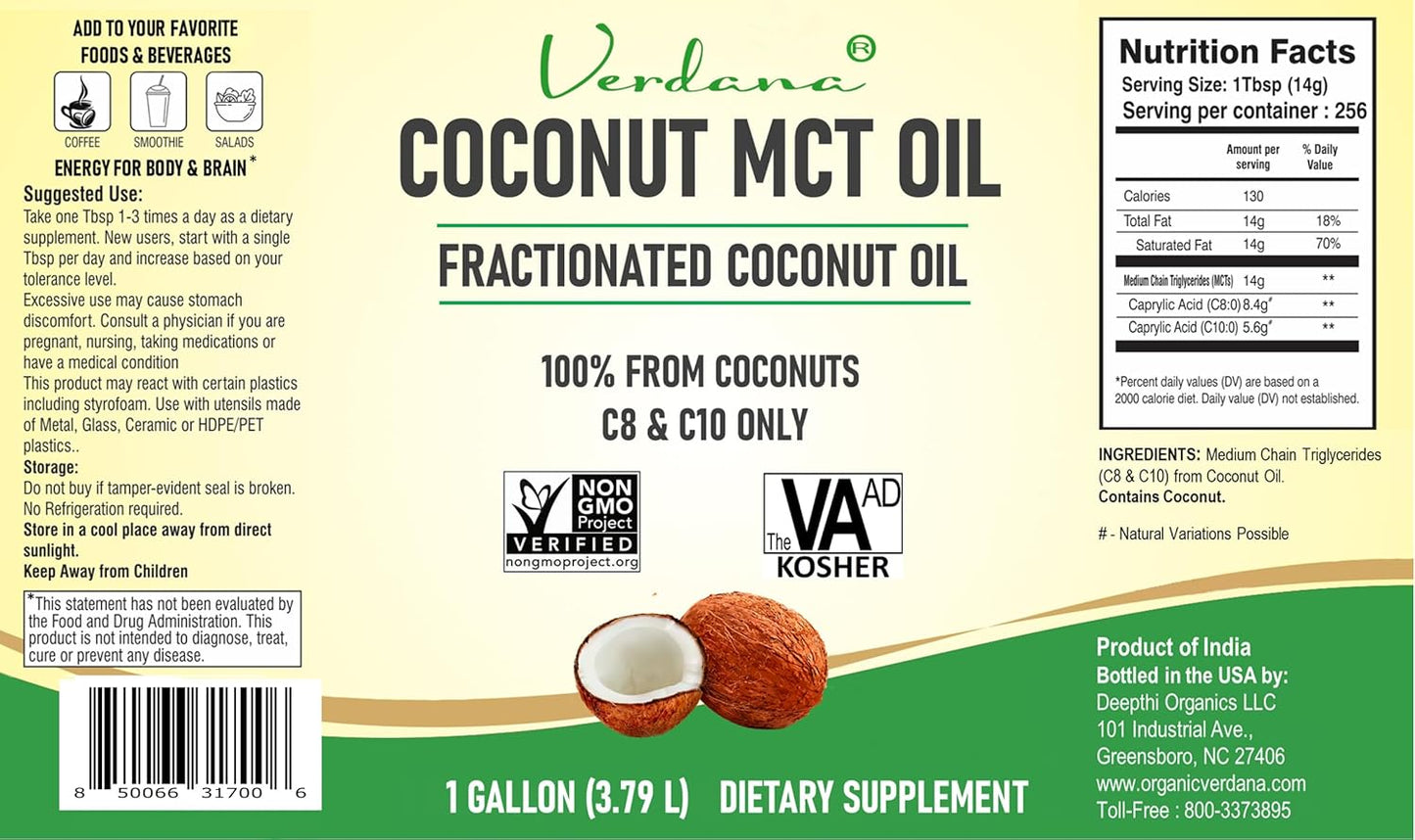 Verdana MCT Oil – 100% Coconut Derived – 1 Gallon - Kosher Food Grade – Vegan – NON GMO– Used for Keto, Paleo, Sports Nutrition, Aromatherapy, Massage, Ayurvedic Oil Pulling Oral Rinse Mouthwash