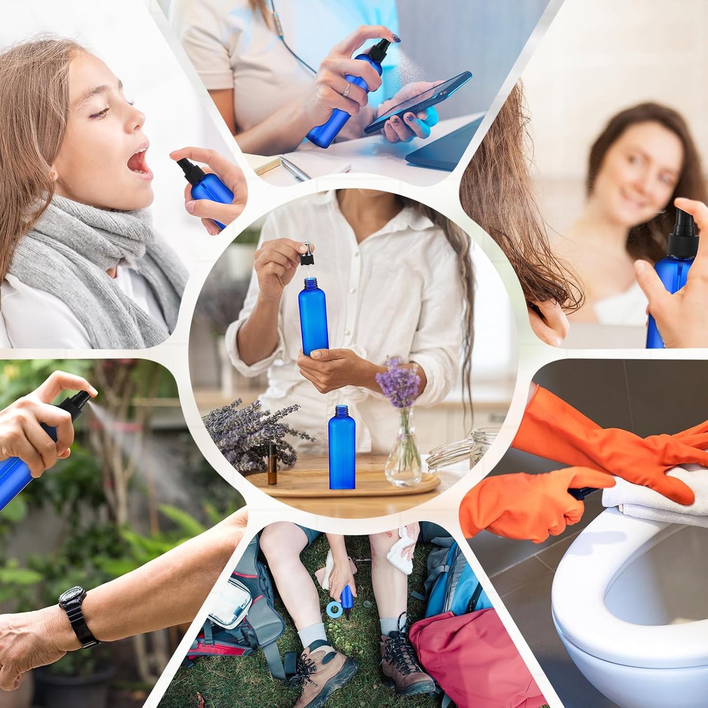 Eccliy 32 Pcs 8 oz Spray Bottles Fine Mist Cleaning Bottles Clear Empty Plastic Travel Sprayer Refillable Sprayer with Cap for Cleaning Solutions Oils Travel Perfumes(Blue,Clear)