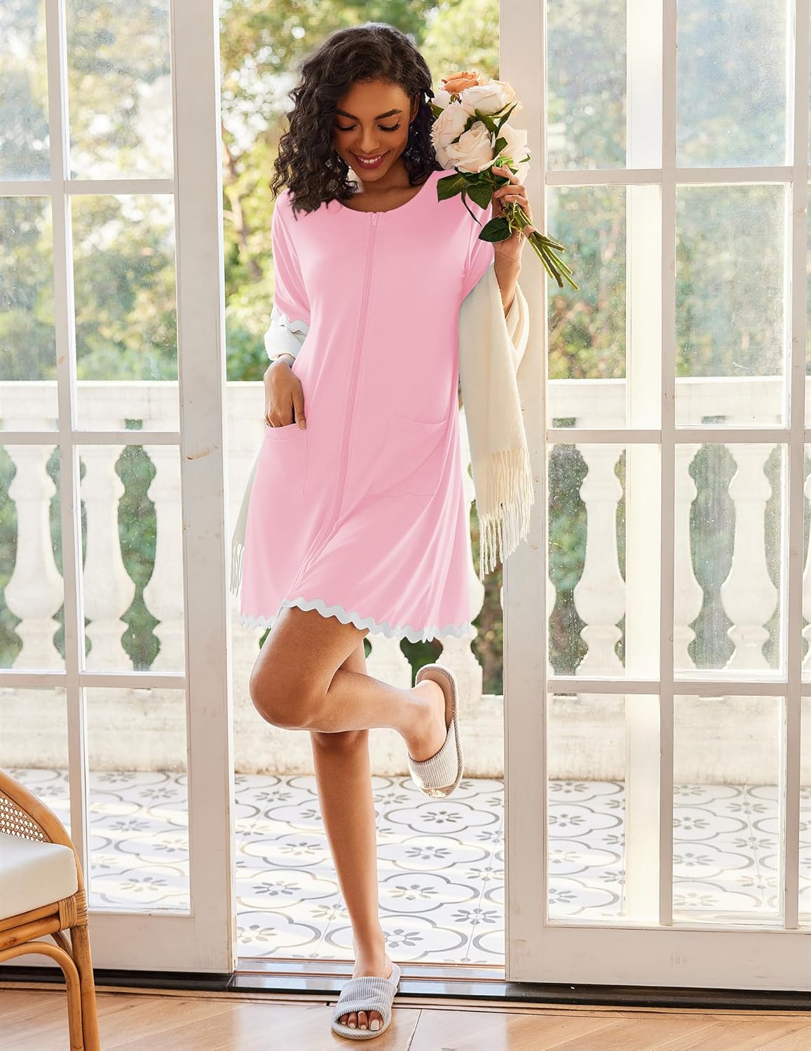 Ekouaer Women Zip Up Robe Lightweight Housecoats with Pockets Knee Length Short Bathrobes Soft Nightgown S-3XL