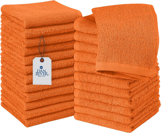 DAN RIVER 100% Cotton Wash Cloths 24 Pack [12x12] Soft & Absorbent washcloths for face, Gym, Hotels & Spa Perfect for Everyday Use Fingertip Towels, Orange