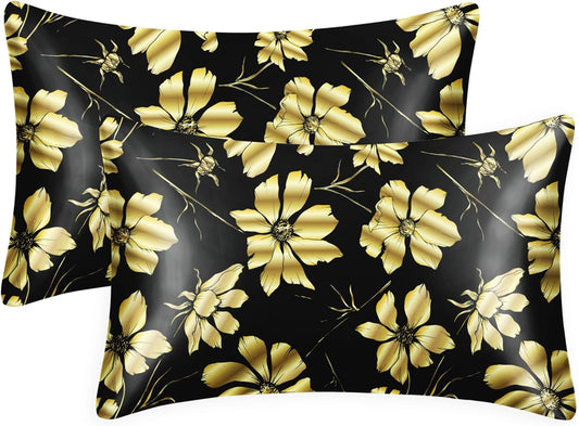 EXQ Home Satin Pillowcase for Hair and Skin Queen - Printed Golden Flowers Silk Pillow Cases 2 Pack 20x30 inches - Satin Pillow Cases Set of 2 with Envelope Closure, Gifts for Women Men