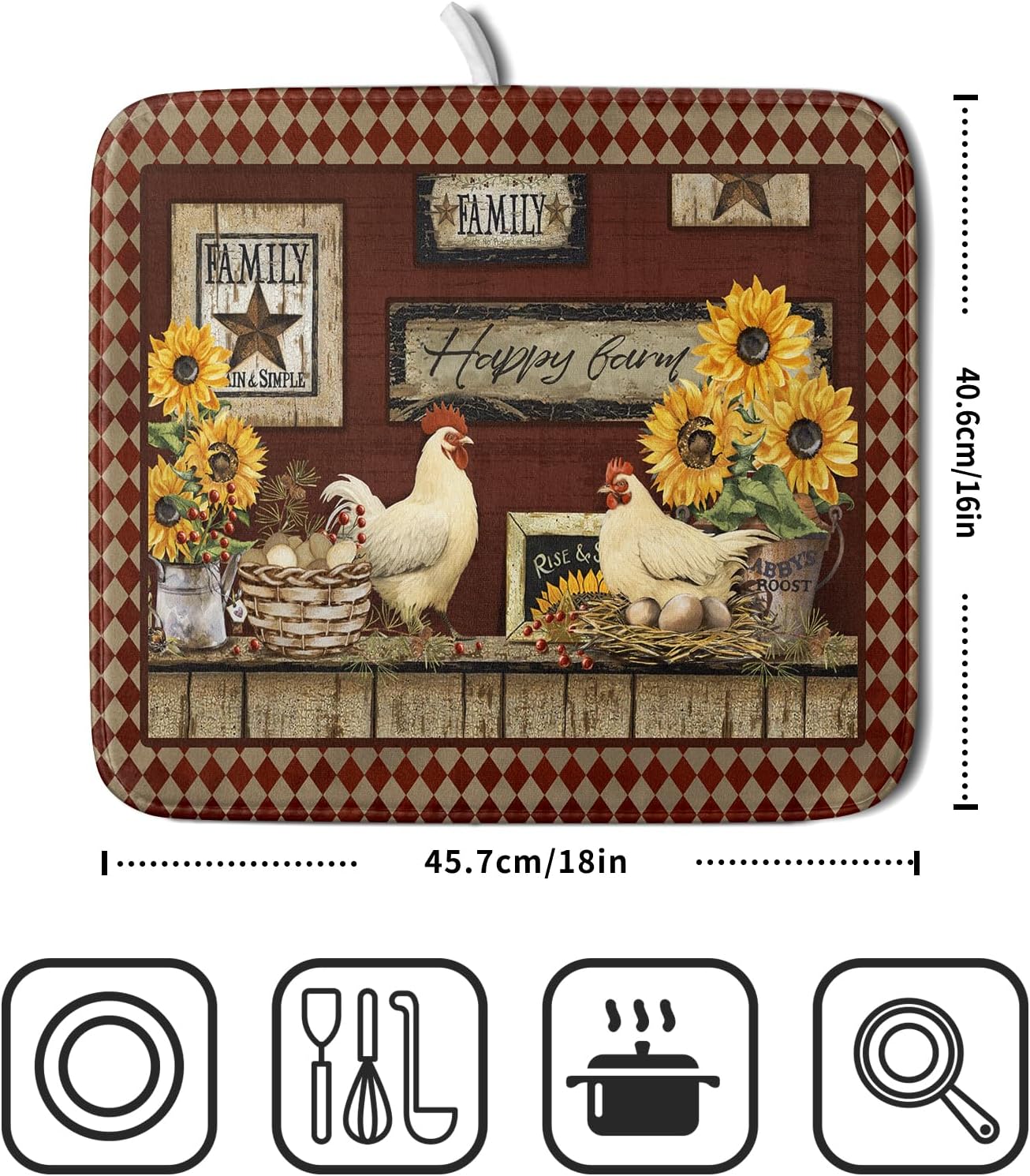 Vintage Rooster Dish Drying Mat 16x18 Inch Farmhouse Chicken Dish Drainer Pad Microfiber Absorbent Fast Dry Kitchen Counter Accessories