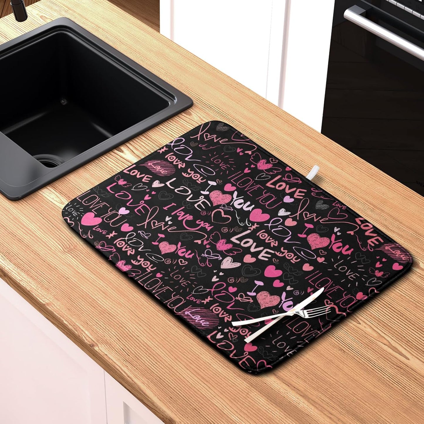 Mother's Day Dish Drying Mat for Kitchen Counter Love Heart Black Drying Mats Absorbent Reversible Microfiber Dish Pad Washable Dish Draining Mat Extra Large 16x18 inch