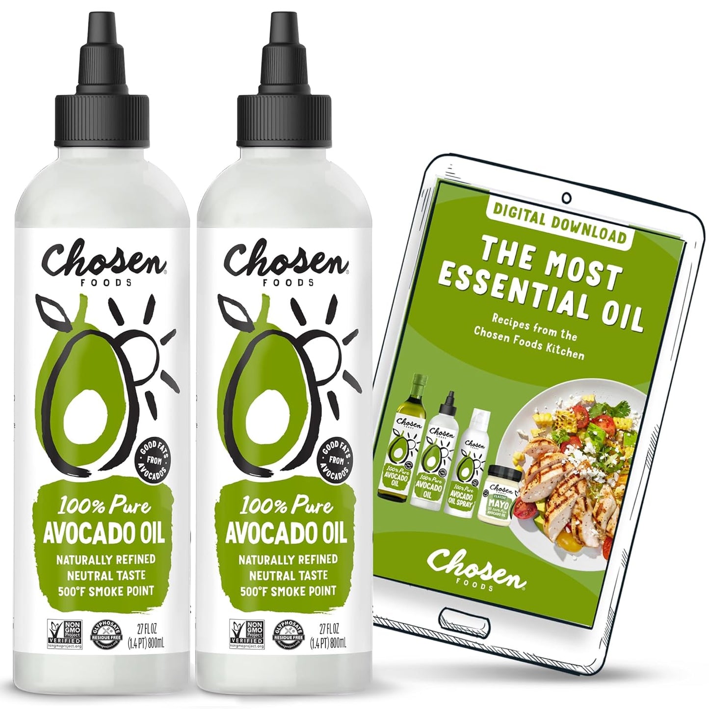 Chosen Foods 100% Pure Avocado Oil Squeeze Bottle 27oz 2-pack - For Drizzling, Sautéing, Roasting, Searing, & Baking-High Smoke Point Cooking Oil - Kosher, Keto Friendly - With Recipe eBook
