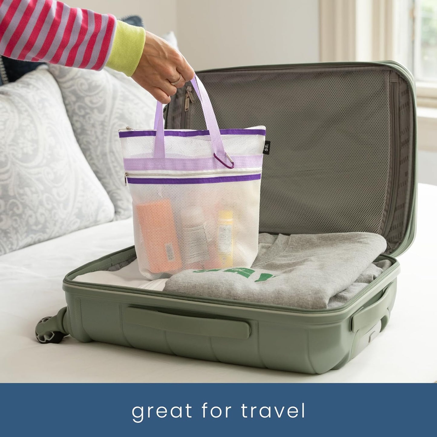 S&T INC. Mesh Shower Caddy, Shower Bag for Dorm Room Essentials, Gym Bag, Camping and More, Two Zippered Pockets, White and Purple, 10 Inches x 10 Inches