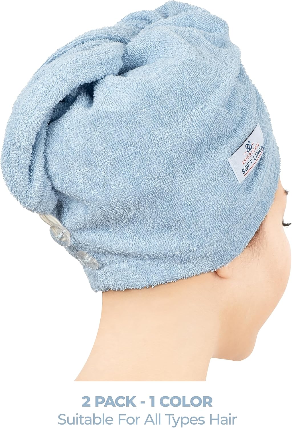 American Soft Linen 100% Cotton Hair Towels for Women, Head Towel Cap, Cotton Hair Turban Towel Wrap for Long Curly Anti Frizz Hair, Soft and Absorbent Cotton Hair Towels 2 Pack, Sky Blue