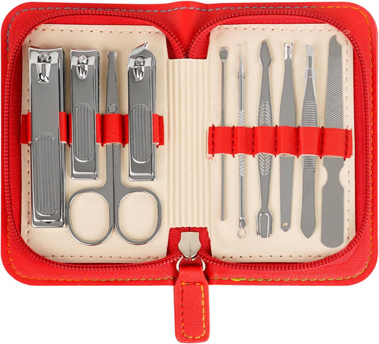 Premium Stainless Steel Nail Clippers Set - Travel Grooming Kit, 10pc Manicure/Pedicure Tools with PU Case - Unisex Gift for Men and Women(C-Red)