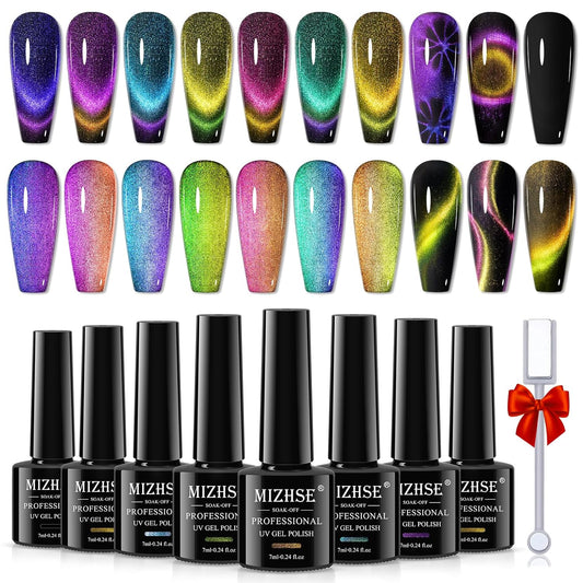 MIZHSE 8 Colors 9D Cat Eye Gel Nail Polish, Upgraded Magnetic Gel Polish Kit with Magnet Stick, Galaxy Chameleon Effect Silk Cat Eye Nail Polish Soak Off Nail Art Salon Manicure Home Ladies Gift