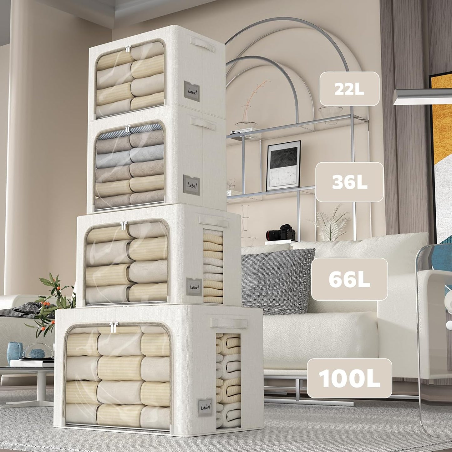 FHSQX 6 Pack Clothes Storage Bins with Metal Frame Foldable Storage Bins for Clothes Linen Fabric Storage Box with Clear Window (Lvory White, 19.7x15.7x13inch(66L))