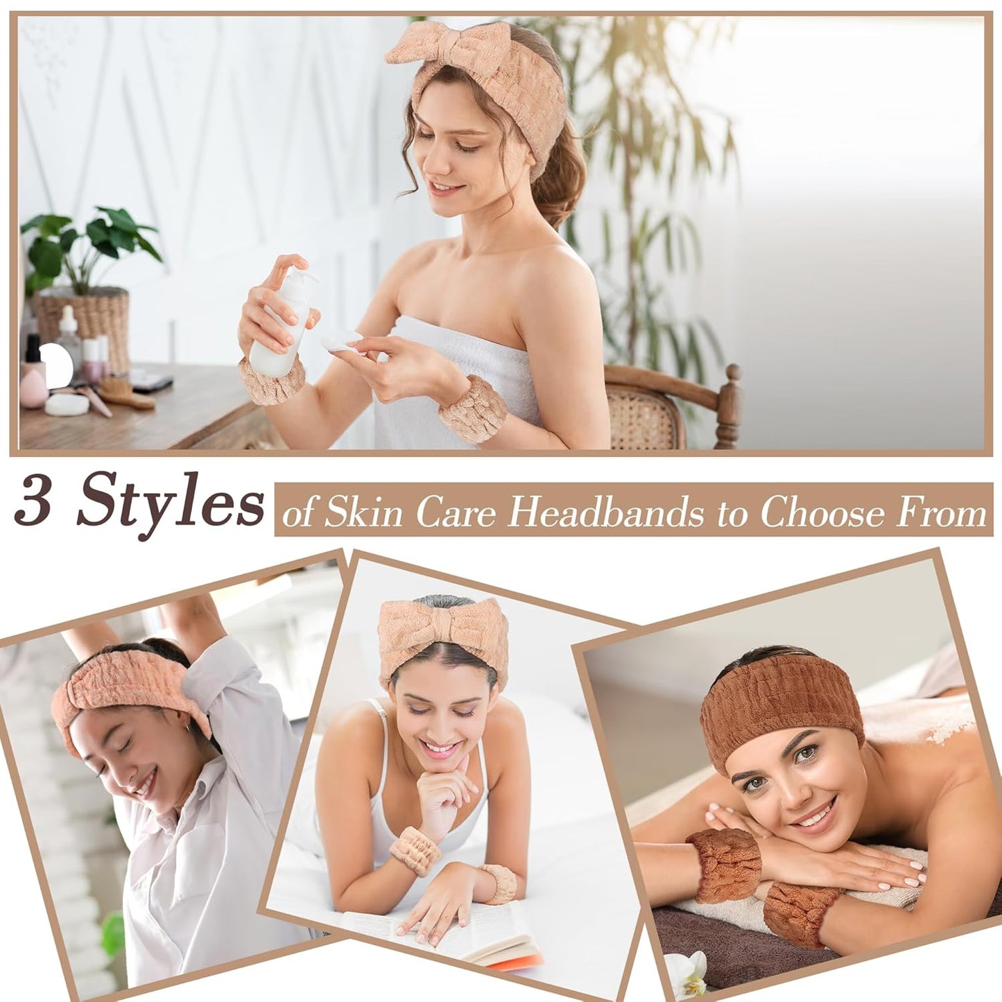 Spa Headband and Wristband Set - 3-Piece Skincare Headbands & 6-Piece Wrist Spa Wristbands for Women,Facial Hairbands for Washing Face, Makeup, Sports, Yoga, Headband for Washing Face