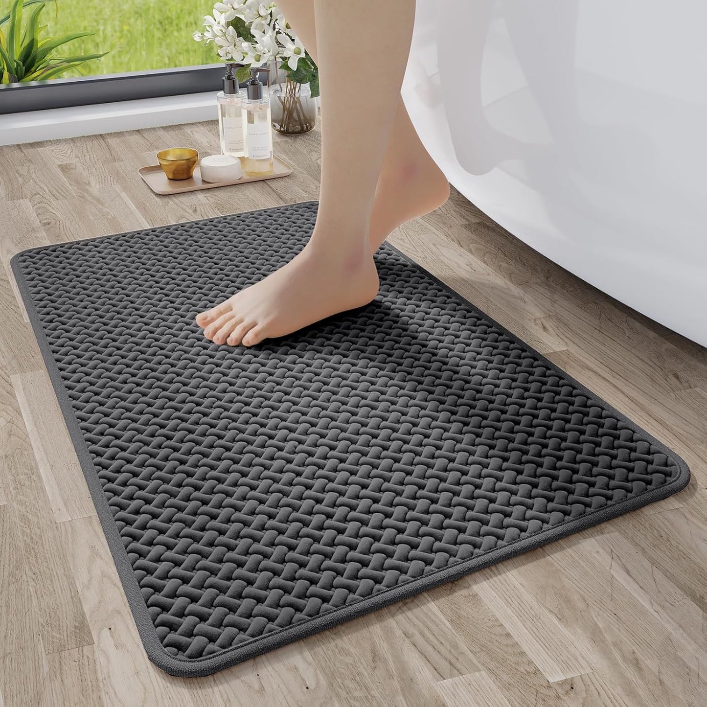 Bathroom Rugs Non Slip, Super Absorbent Quick Dry Bath Mat, Foam Weave Texture Rubber Backing Ultra Thin Bathroom Mats Fit Under Door Bathroom Floor Bathtub Shower