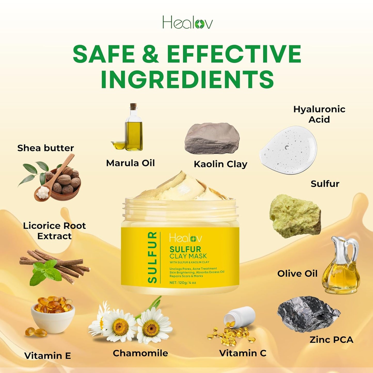 Sulfur Face Mask – All Natural Sulfur Facial Clay Mask – Glowing Skincare For Acne, Spots, Oily Skin – Sulfur Acne Cream Absorbs Excess Oil and Unclogs Pores – Kaolin Mask Treatment