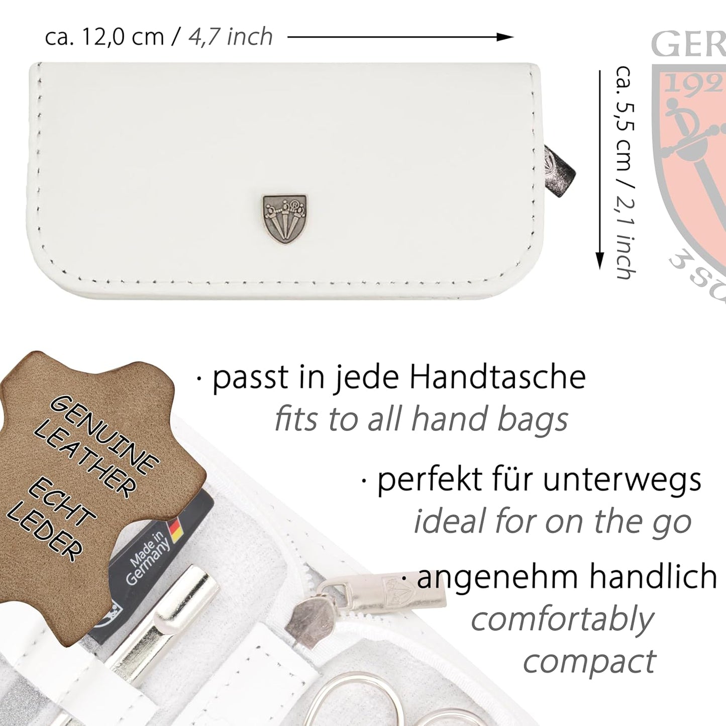 3 Swords Germany - brand quality 5 piece manicure pedicure grooming kit set for professional finger & toe nail care scissors clipper genuine leather white case in gift box, Made in Germany