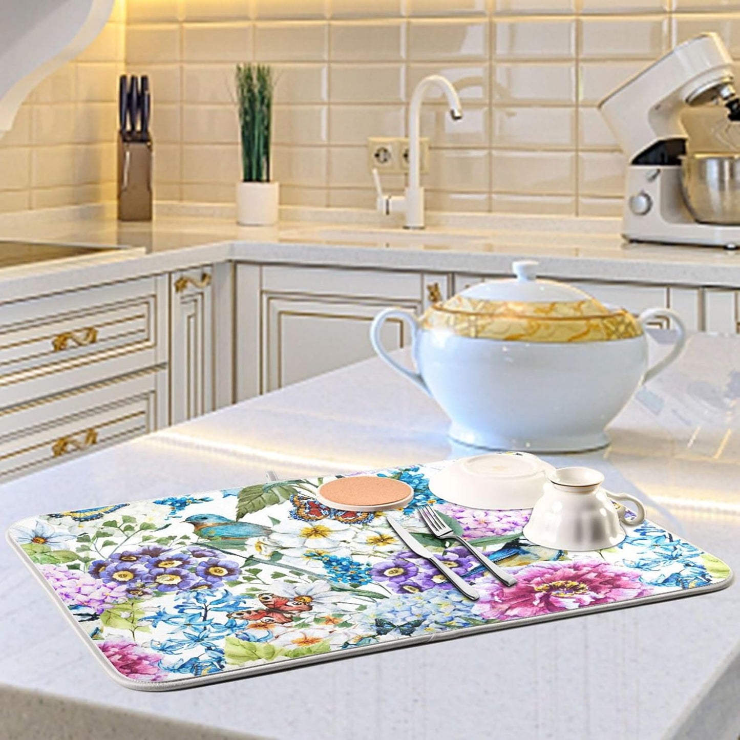 Floral Birds Dish Drying Mat for Kitchen Spring Globe Daisy Butterfly Flowers Microfiber Drying Mats Absorbent Reversible Dish Pad Medium Dish Draining Mat 16x18 inch