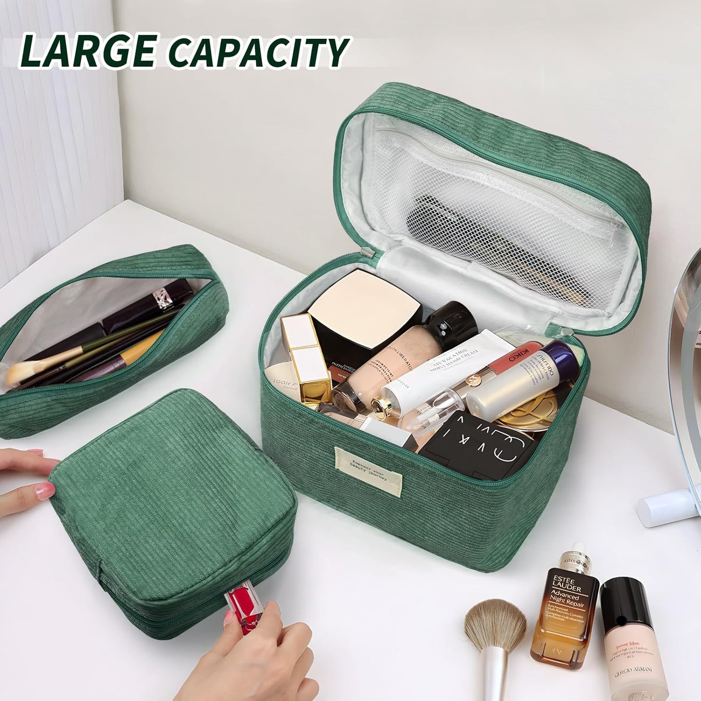 4 Pcs Makeup Bag for Women Corduroy Cosmetic Bag Aesthetic Cute Bags Multi Size Purse Pouch Travel Toiletry Bag Set Makeup Organizer with Zipper(Green)