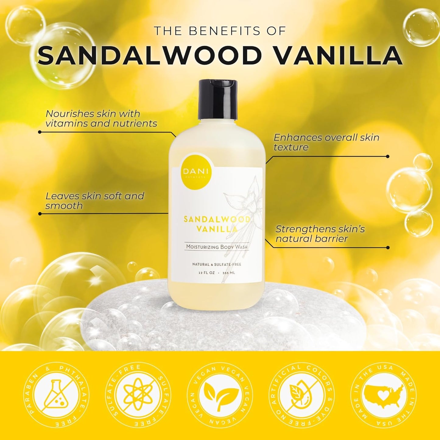 DANI Naturals Body Wash - Warm Sandalwood Vanilla Scent with Organic Aloe Vera & Natural Glycerin - Sulfate & Paraben-Free Shower Gel - For Men & Women - 12 oz - Vegan & Cruelty-Free