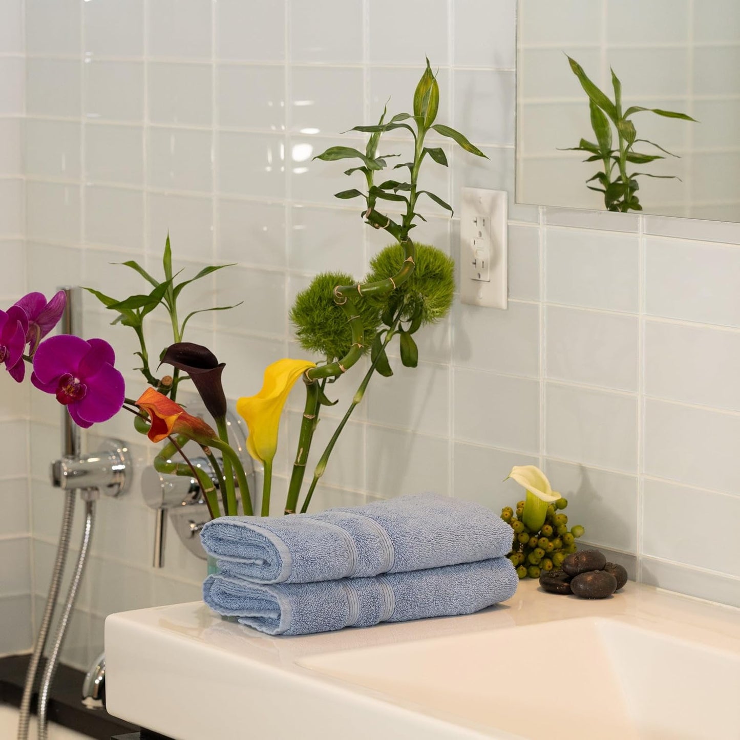 Mosobam Luxury Turkish Set of 6 Hand Towels 16X30 Allure Blue 700 GSM Bamboo Viscose & Aegean Turkish Combed Cotton