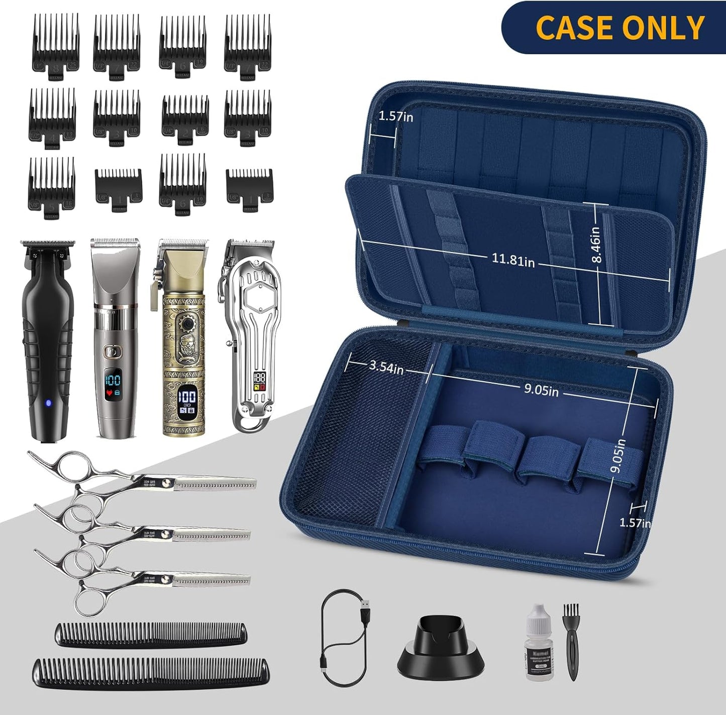 Boobowl Hard Travel Case for Hair Clippers, Hair Cutting Barber Supplies Organizer Bag, Trimmer Storage Holder for Ufree/for Wahl/for Andis Men Razor Guard Grooming Kits -Blue