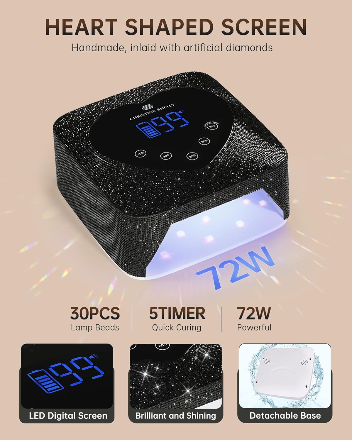 UV LED Nail Lamp 72W Rechargeable Sparkly Wireless Nail Dryer Gel Polish Light with 5 Timer Setting Professional Quick Dry Curing Lamp with Display Auto Sensor for Salon & Home, Black