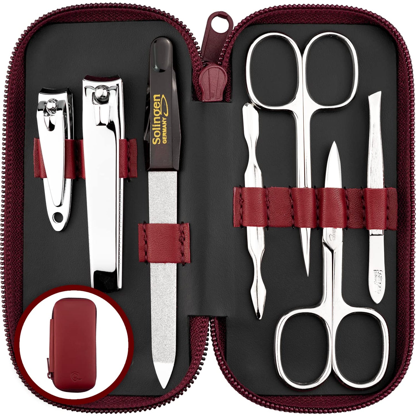 marQus Manicure Set Solingen Made in Germany - 7 piece exclusive finger & toe nail clippers set in real leather case, made in Solingen Germany