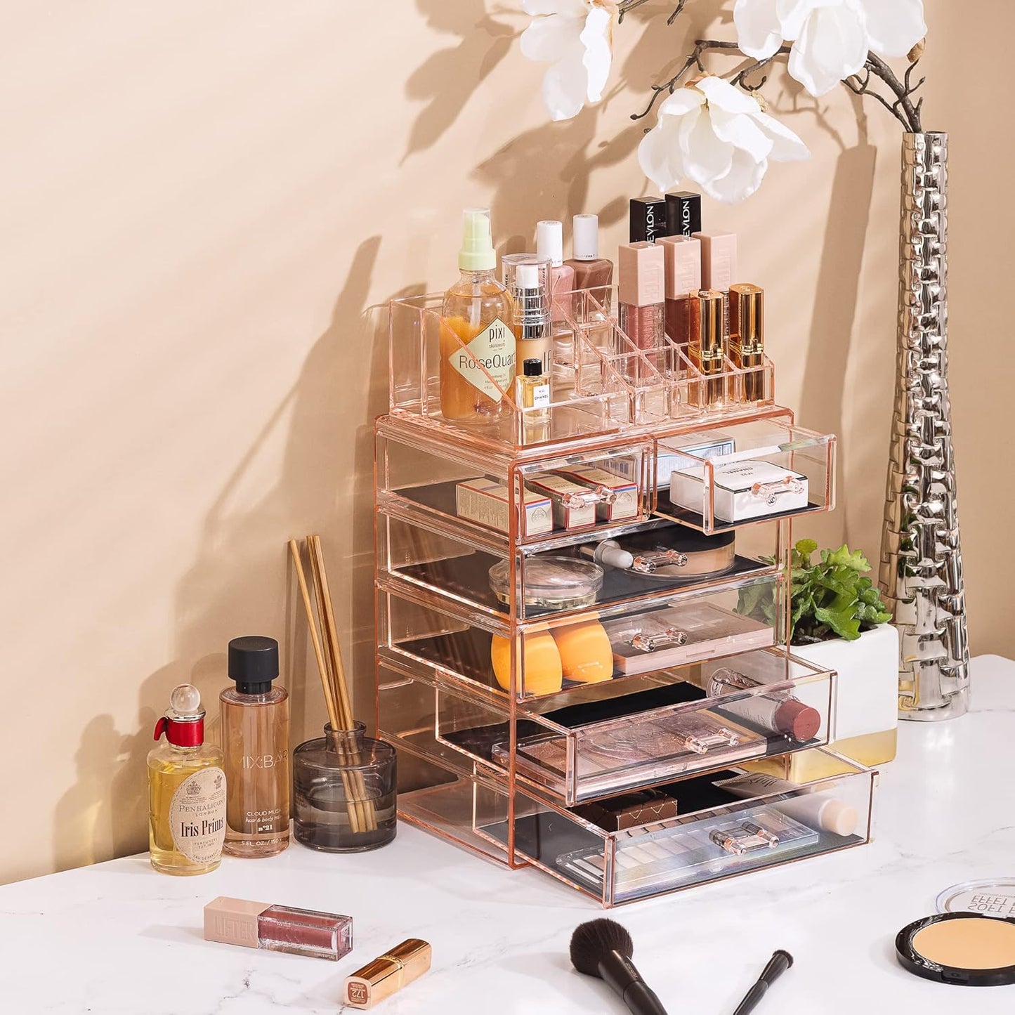 Sorbus Clear Cosmetic Makeup Organizer - Make Up & Jewelry Storage, Case & Display - Spacious Design - Great Holder for Dresser, Bathroom, Vanity & Countertop (4 Large, 2 Small Drawers) [Pink]