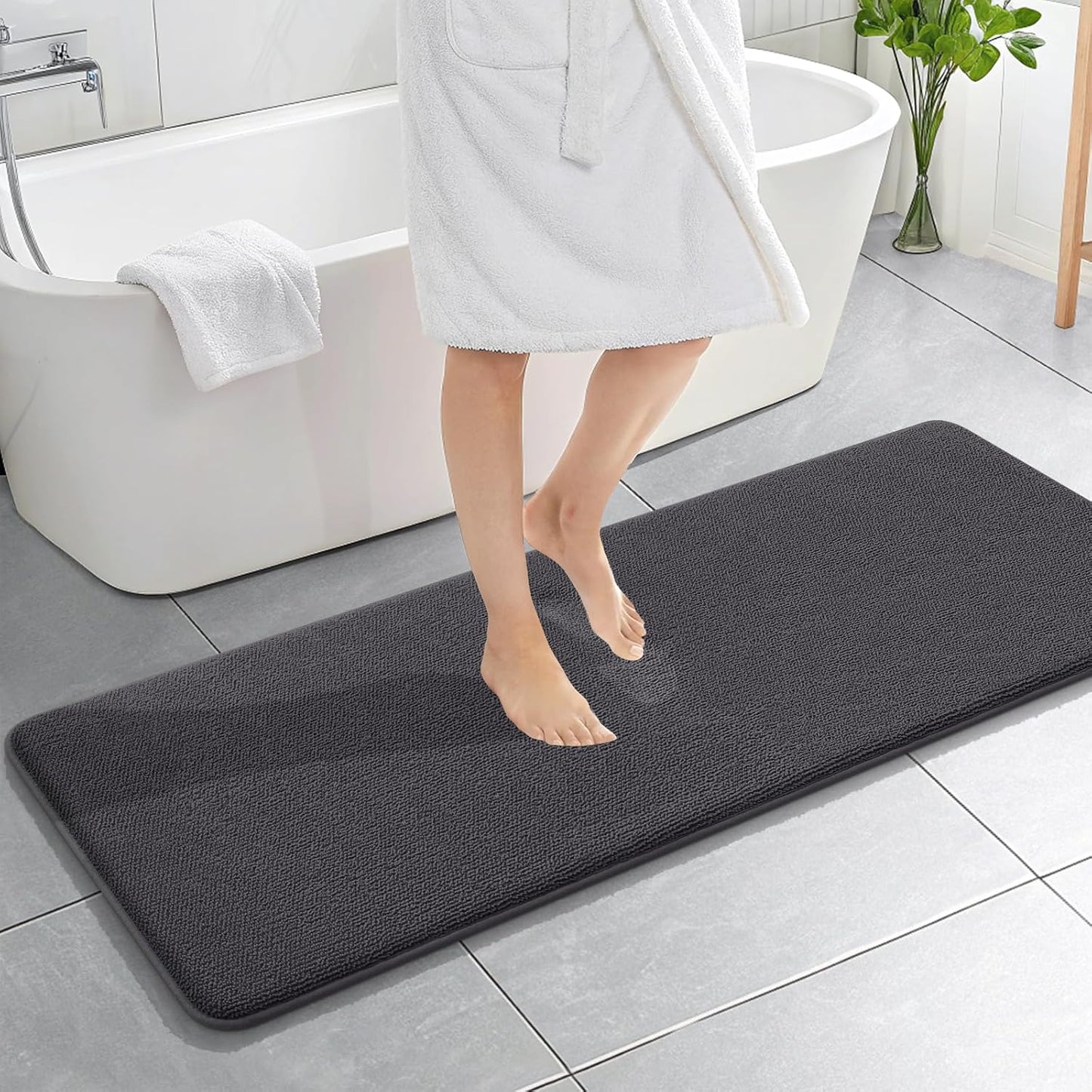 OLANLY Thick Memory Foam Bath Mat Rug 59x20, Extra Soft Absorbent Bathroom Rug, Quick Dry Bath Mats, Non-Slip, Machine Washable Carpet for Bathroom, Tub and Shower, Home Decor Accessories, Dark Grey