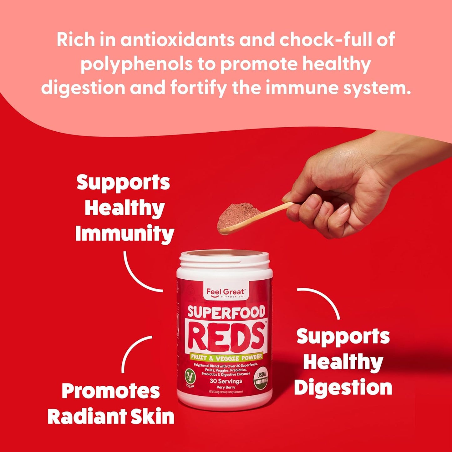 Feel Great Organic Superfood Reds Powder Packed with Beet Root Powder | Digestive Support Including Bloating Relief | Fruit and Veggie Polyphenols Supplement.