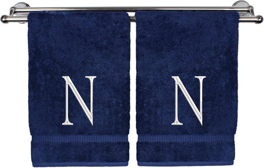 Monogrammed Hand Towel, Personalized Initial Gift, Extra Absorbent 100% Turkish Cotton - Soft Terry Finish - Set of 2 - White Block Initial N - Embroidered on Navy Blue Towels