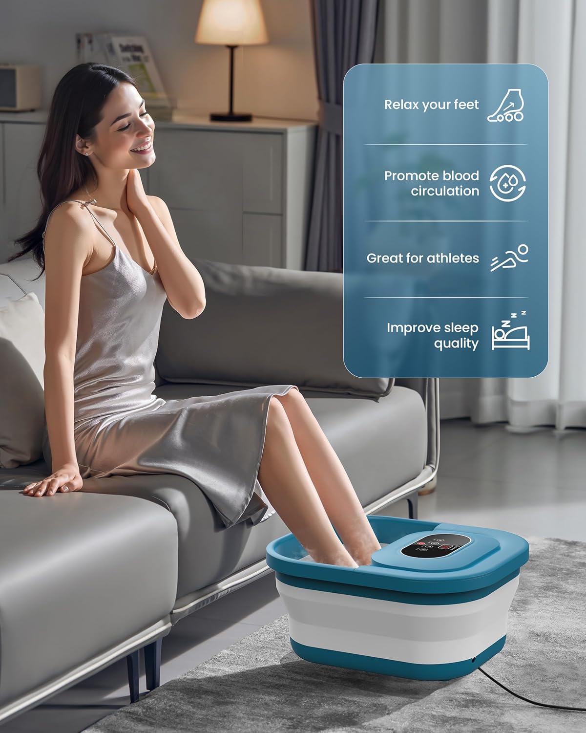 COMFIER Collapsible Foot Spa Bath Massager with Heat, Pedicure Foot Spa with Bubbles, Red Light, Pumice Stone and Shiatsu Massage Rollers, Heated Bath Spa for Relaxation and Stress Relief (Blue)