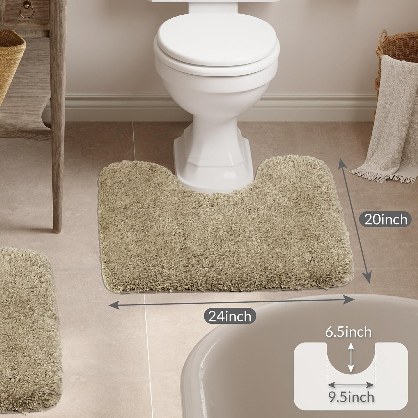 Walensee Contour Rug (20x24, Sand) Non Slip Bath Mat for Bathroom - Water Absorbent Soft Microfiber Shaggy Mat - Machine Washable - U Shape Toilet Rug