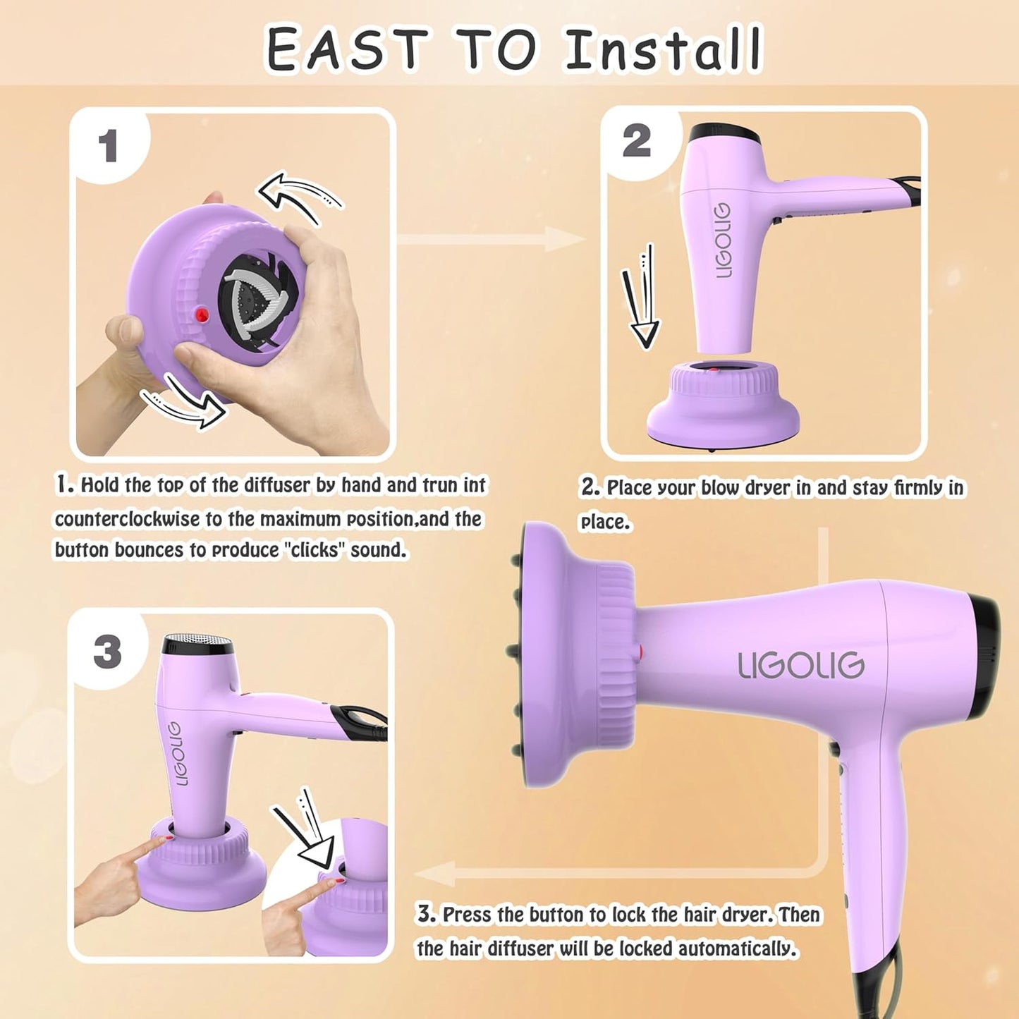 Hair Difuser Attachment Universal Diffuser Hair Dryer for 1.4-inch to 2.4-inch Blow Dryer, Hair Diffuser for Curly Hair and Natural Wavy Hair (Purple)