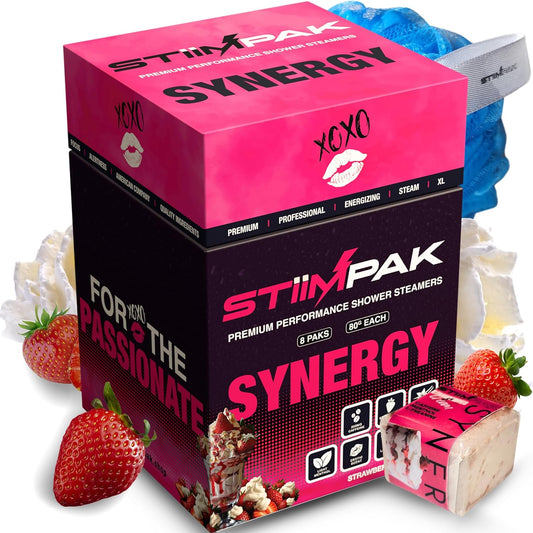 Shower Steamers | Synergy | XL 80g | Intimacy, Relaxation & Self-Love Aromatherapy | Caffeine, L-Theanine & Menthol | Gift for Women | Strawberry Vanilla | STiiMPAK (8 Pak + Loofah)
