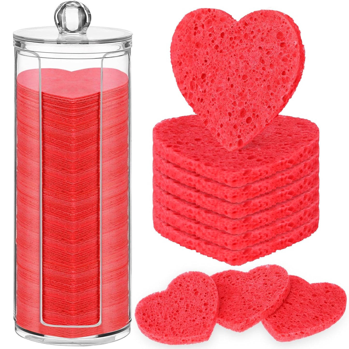 Sieral 120 Pcs Compressed Facial Sponges with Container Disposable Face Sponge Pads for Washing Face Cleansing Exfoliating Esthetician Makeup Removal(Heart,Red)