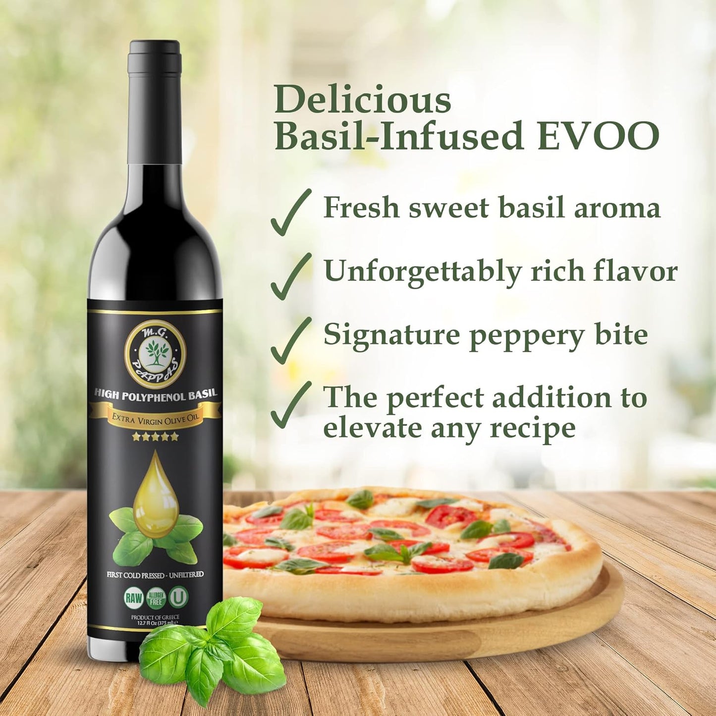 M.G. PAPPAS High Polyphenol Rich Basil Infused Olive Oil - Extra Virgin Olive Oil Polyphenol Lab Report 650mg/kg - Cold Pressed & Unfiltered - High Hydroxytyrosol Greek Olive Oil - Award Winning