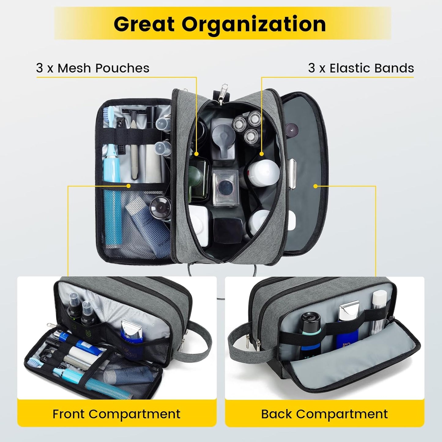 Vorspack Travel Toiletry Bag - Toiletry Bag for Men Water Resistant Skincare Bag for Bathroom Toiletries Accessories Gifts - Grey