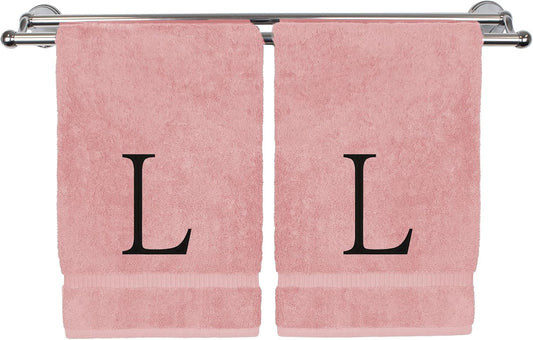 Monogrammed Hand Towel, Personalized Initial Gift, Extra Absorbent 100% Turkish Cotton - Soft Terry Finish - Set of 2 - Black Block Initial L - Embroidered on Pink Towels