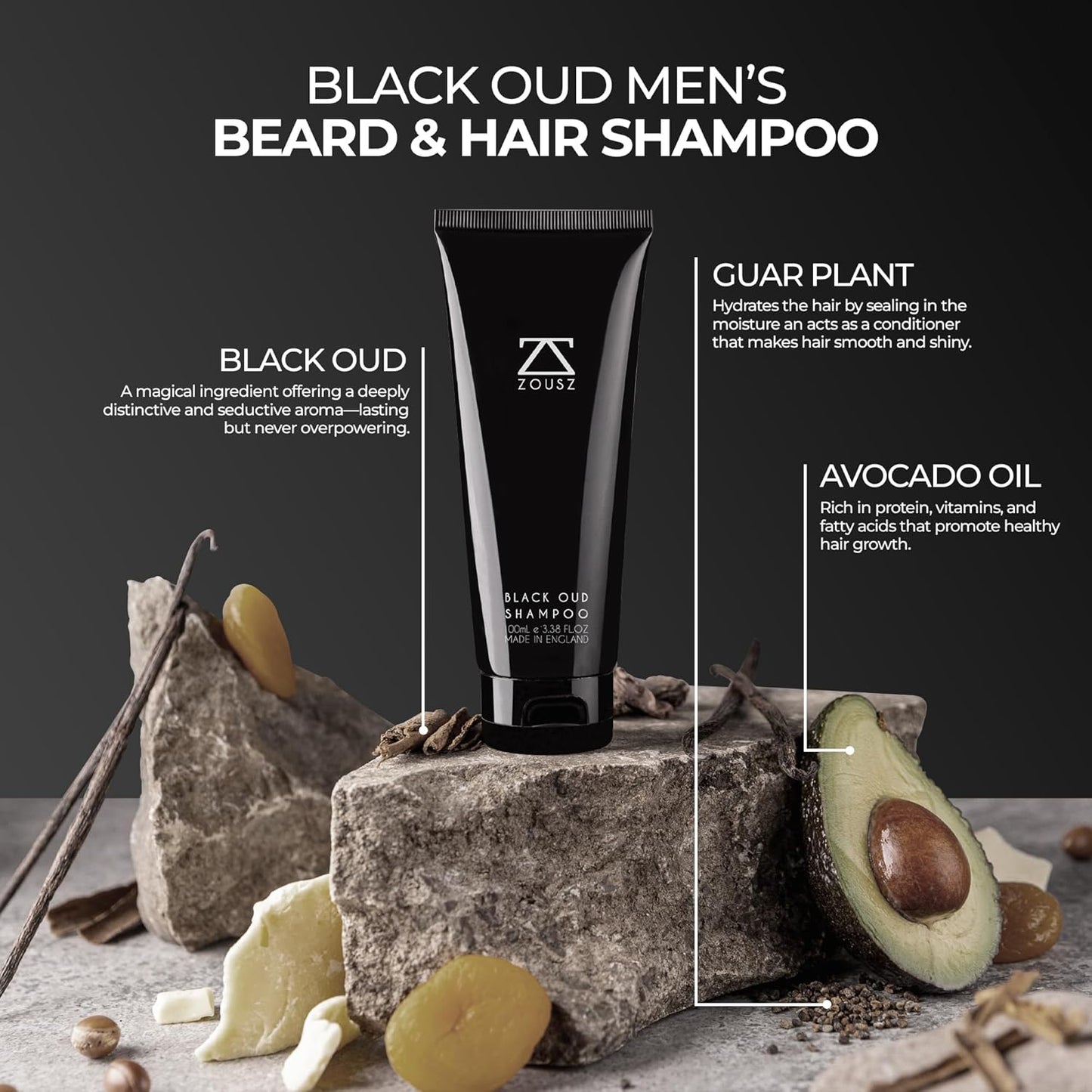 ZOUSZ Black Oud Men's Shampoo, Hair & Beard Cleaner and Strengthener, Vegan & Hypoallergenic Shampoo , 3.38 Fl Oz Hair Shampoo & Beard Wash Kit Essential