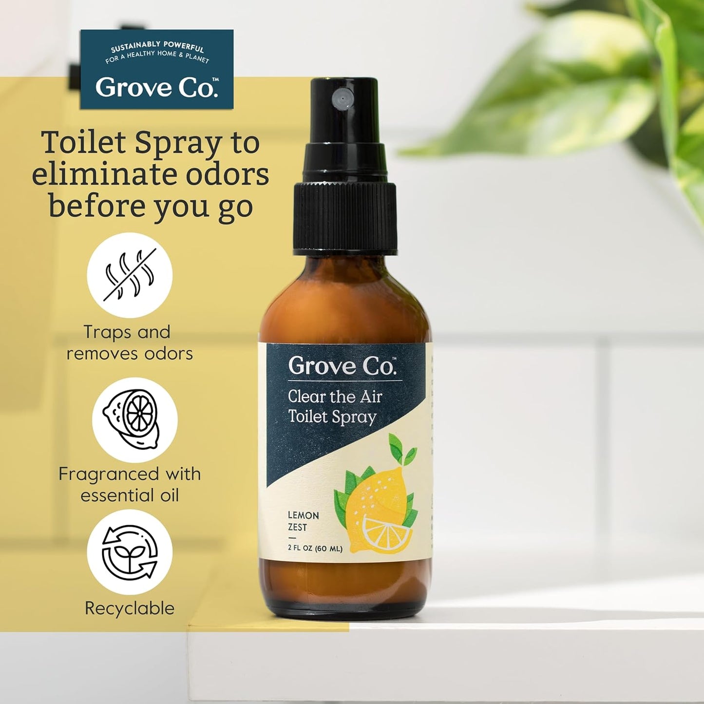 Grove Co. Toilet Spray, Clear the Air Bathroom Spray Air Freshener (2 fl oz) Odor Eliminator for Strong Odor, 100% Natural Lemon Zest Scent, Vegan, Paraben & Phthalate Free (Pack of 3)