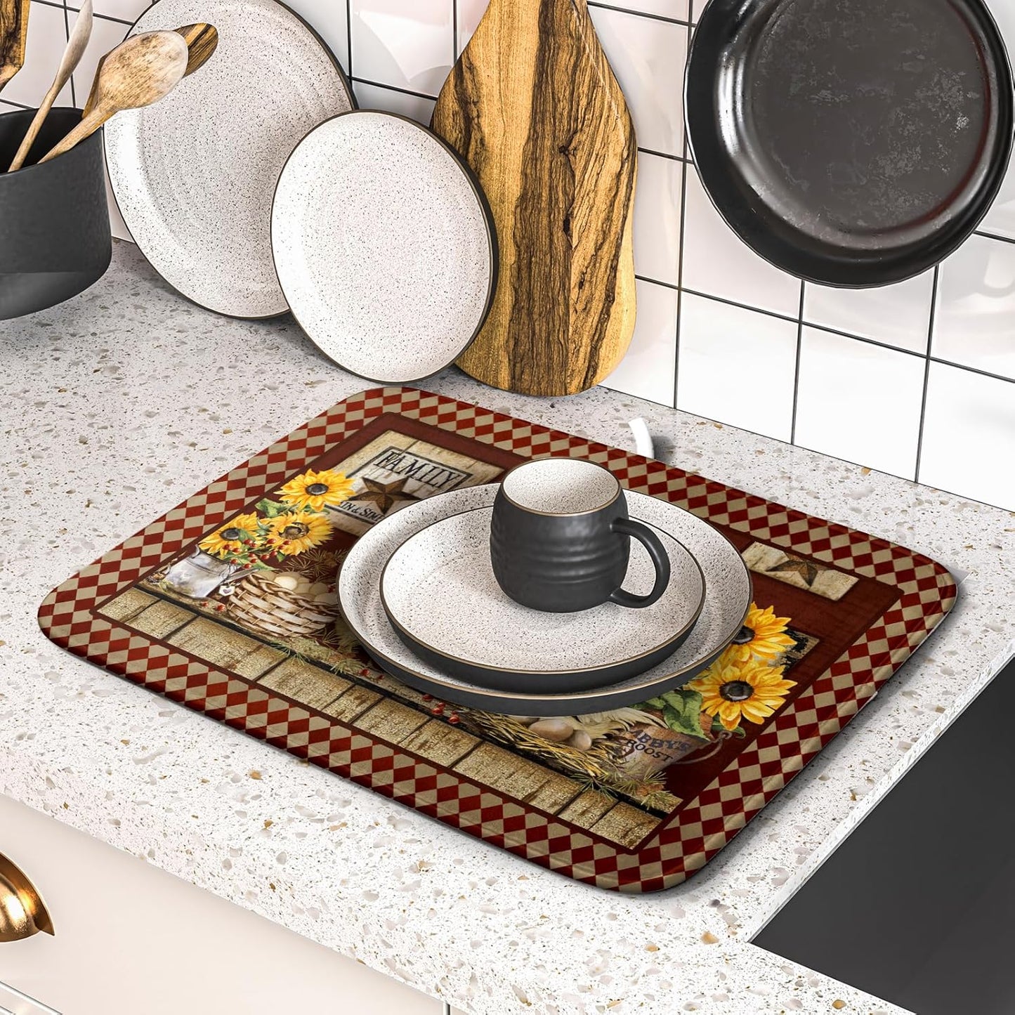 Vintage Rooster Dish Drying Mat 16x18 Inch Farmhouse Chicken Dish Drainer Pad Microfiber Absorbent Fast Dry Kitchen Counter Accessories