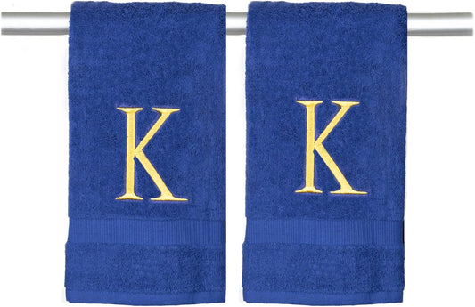 Navy Monogrammed Hand Towels for Bathroom - Navy and Gold Luxury Hotel Quality Personalized Initial Decorative Embroidered for Powder Room, Spa-GOTS Organic Certified - Pack of 2, Letter K