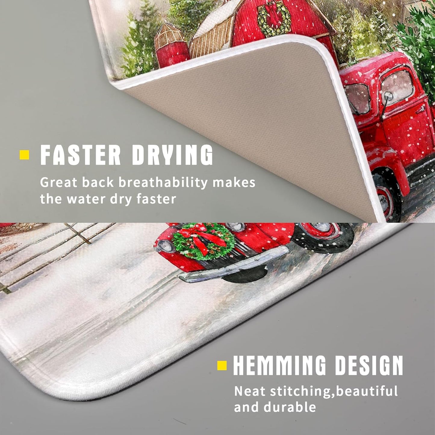 Red Truck Dish Drying Mat Xmas Tree Dish Drainer Rack Mat Winter Microfiber Absorbent Drying Pad for Home Kitchen Counter Decor 16x18 Inch