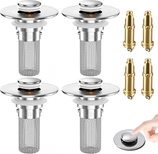 Bathroom Sink Drain Strainer, Pop-Up Bathroom Sink Stopper with Removable Stainless Steel Hair Catcher Basket, Universal Fit for US Bathroom Sinks, Bathtubs, Showers & Floor Drains (Silver*4)