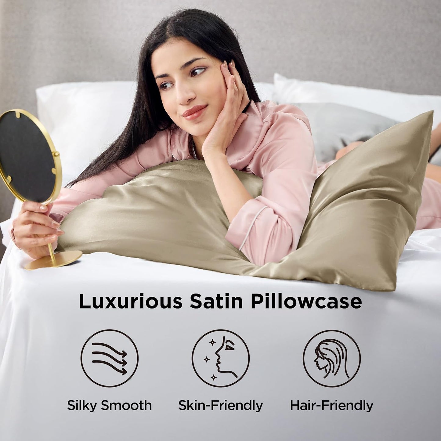 Bedsure Satin Pillowcases, Similar to Silk Pillow Cases Queen Size Set of 2, Pillow Case for Sleeping Women with Envelope Closure, Gifts for Women Men, Khaki, 20x30 Inches, 2pcs