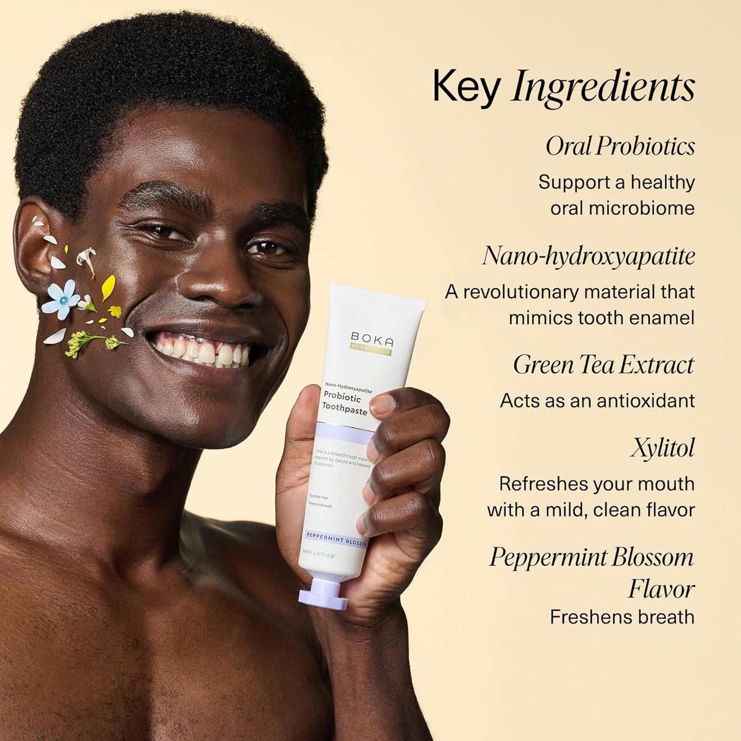 Boka Fluoride Free Toothpaste, Nano Hydroxyapatite Toothpaste, Appropriate for Sensitive Teeth - for Adult, Kids Oral Care - Probiotics - Peppermint Blossom, 4 Fl Oz 1Pk US Manufactured