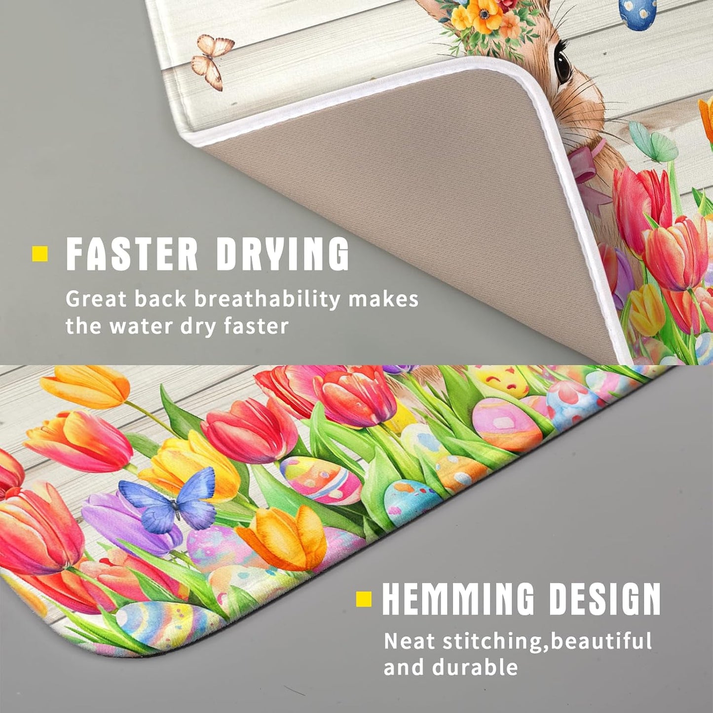 Easter Bunny Dish Drying Mat 16x18 inch Eggs Floral Fast Drying Pad Washable Reversible Microfiber Dish Drainer Mats for Kitchen Counter