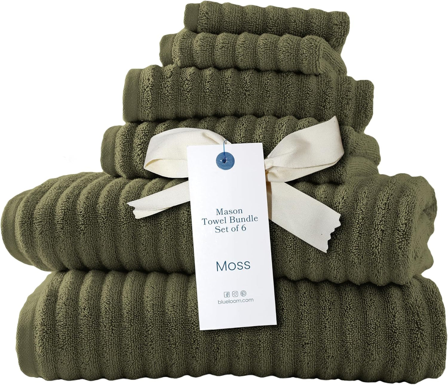 Blue Loom Ribbed Bath Towels Set, 100% Cotton 600GSM, Soft Absorbent Durable 2 Bath Towels, 2 Hand Towels, 2 Wash Cloths for Bathroom - Mason (58" x 30" inch Towels) (Moss, 6 Piece)