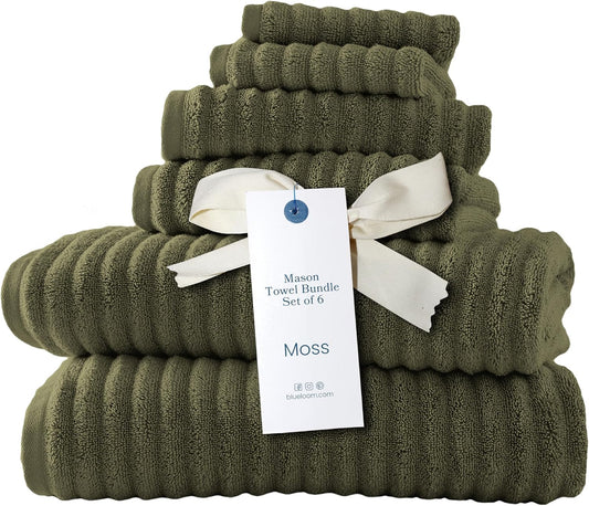 Blue Loom Ribbed Bath Towels Set, 100% Cotton 600GSM, Soft Absorbent Durable 2 Bath Towels, 2 Hand Towels, 2 Wash Cloths for Bathroom - Mason (58" x 30" inch Towels) (Moss, 6 Piece)