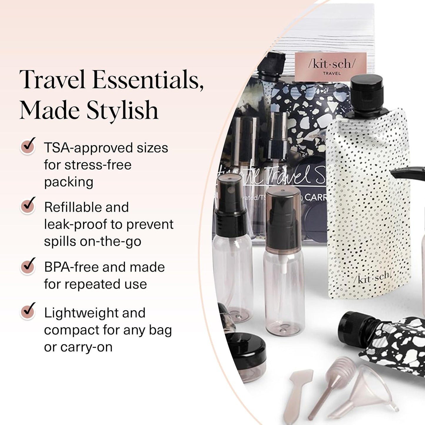 Kitsch 11 PCS Travel Bottles for Toiletries – Travel Essentials Kit for Shampoo, Conditioner, Lotion & More - TSA Approved Travel Bottles, Leak-Proof Refillable Travel Size Containers - Black & Ivory