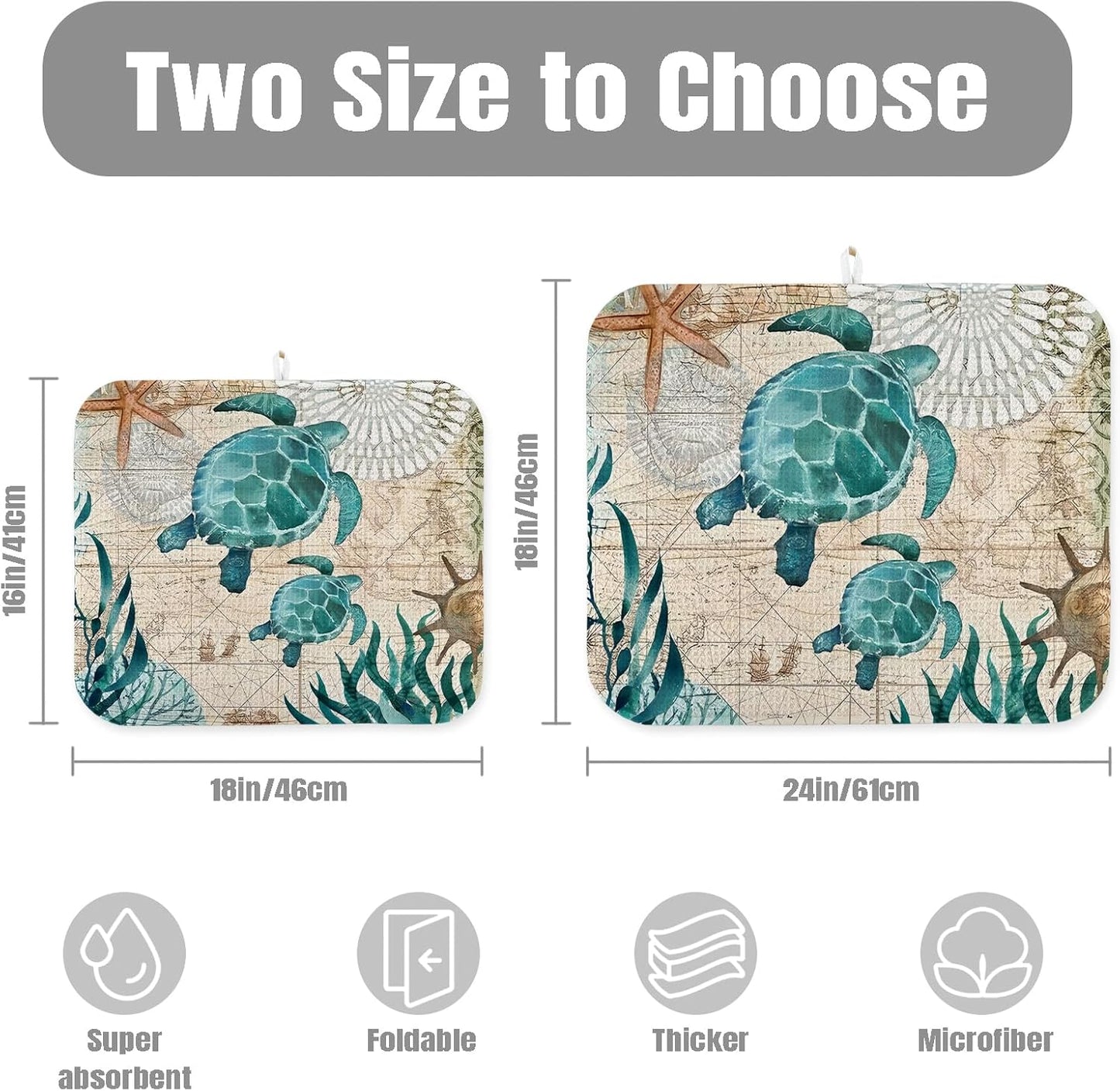 Dish Drying Mat for Kitchen Counter Large 16" x 18" Seaturtle Absorbent Microfiber Dishes Drainer Rack Mats Pad Reusable Washable