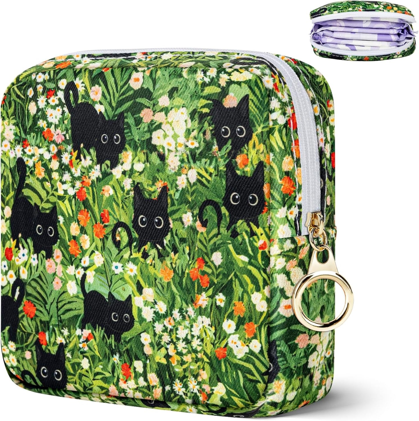 Tampon Holder for Purse, Canvas Period Bag Sanitary Napkin Storage Bag for Girls Womens, Portable Feminine Emergency Pad Period Pouch(Kitten Grass)